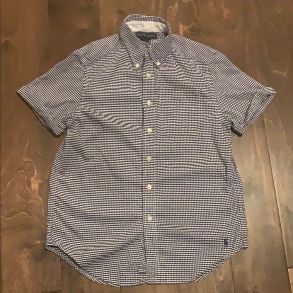 Button down, navy blue and white shirt